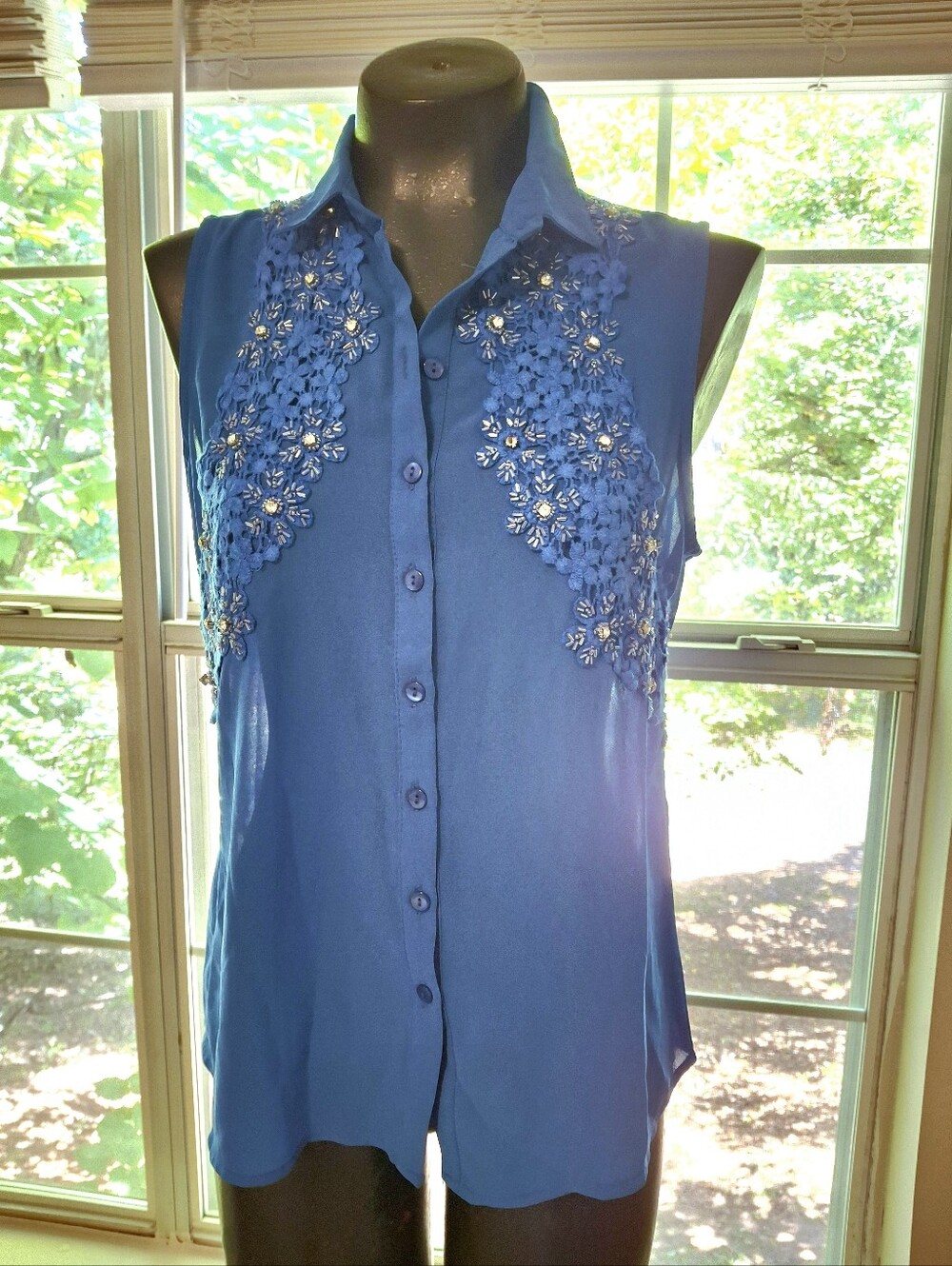 Dani Sheer Blue Sleeveless Rhinestone Embroidered Button-Front Tank Top Size M